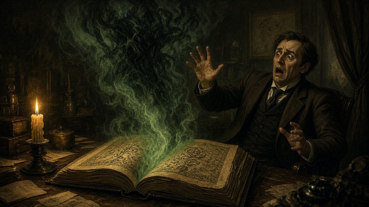 A researcher recoiling from a forbidden tome