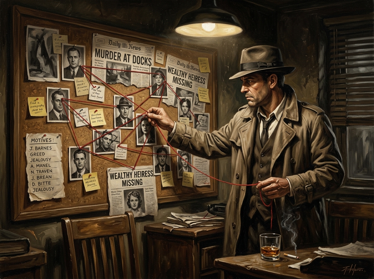Detective with corkboard of suspects and connecting string