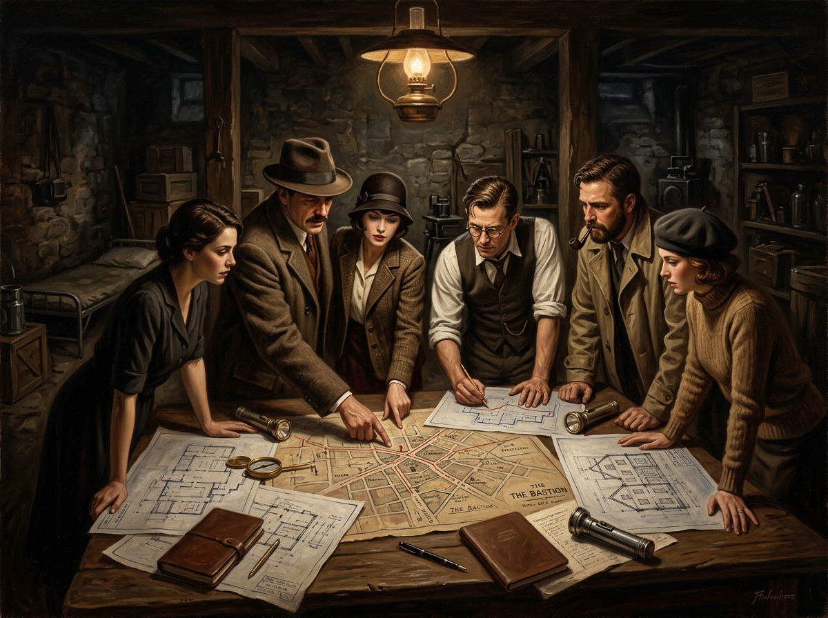 Investigators planning around blueprints and city maps