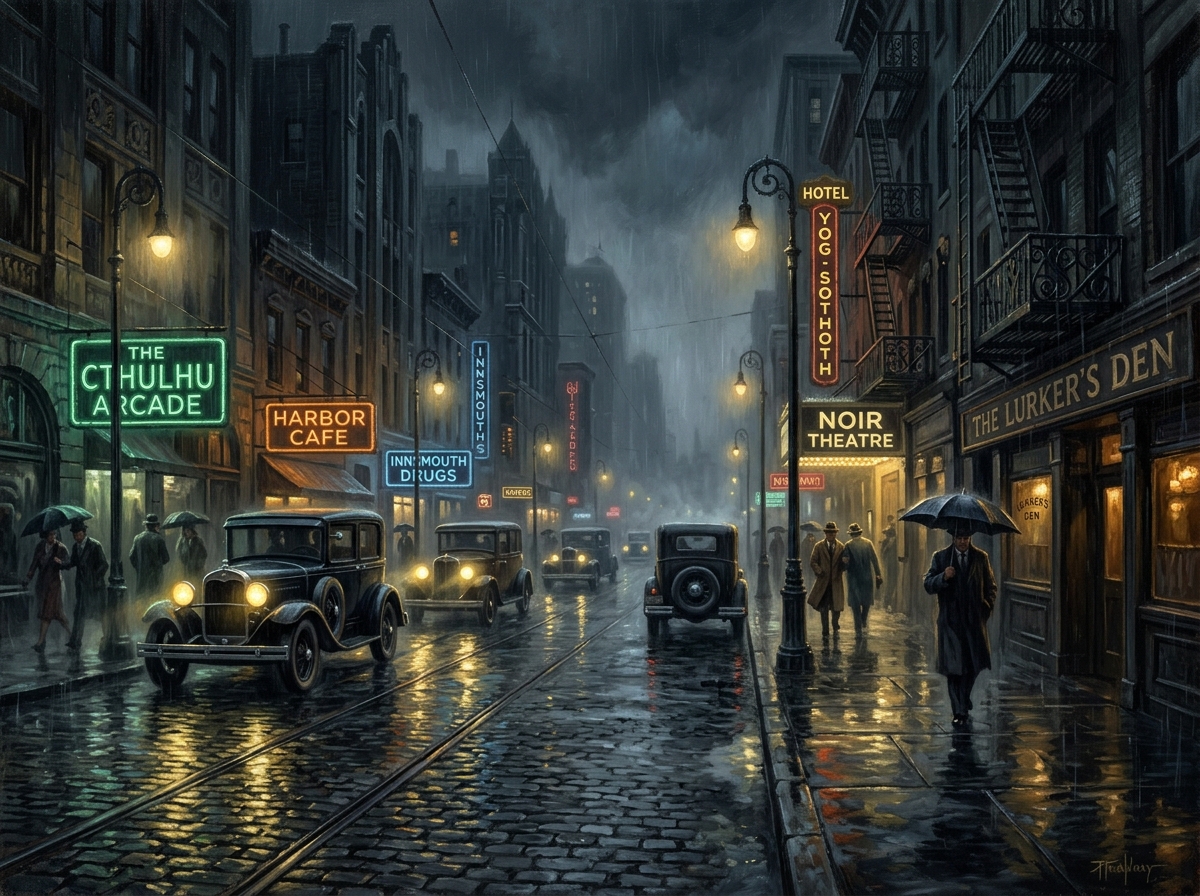 1920s American pulp city street in rain