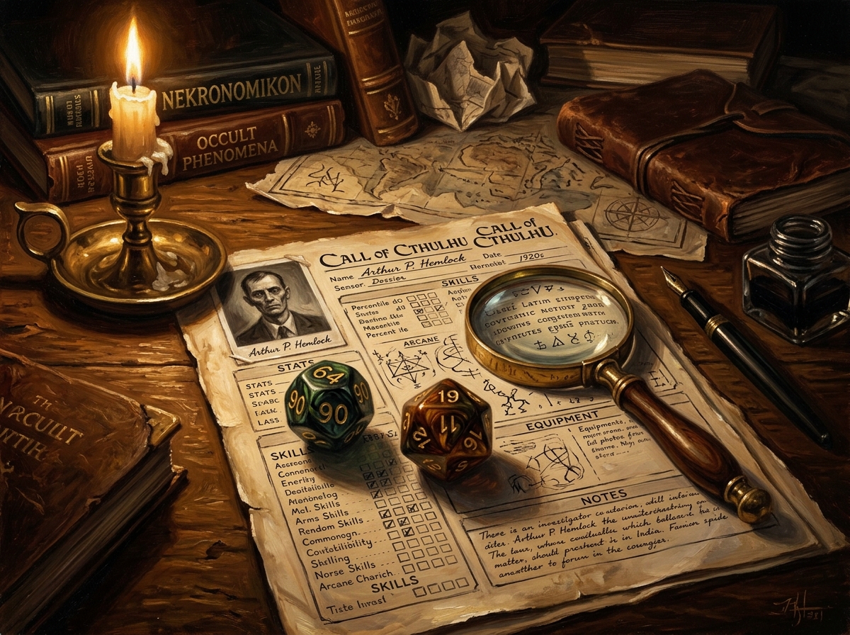Call of Cthulhu percentile dice and investigator sheet