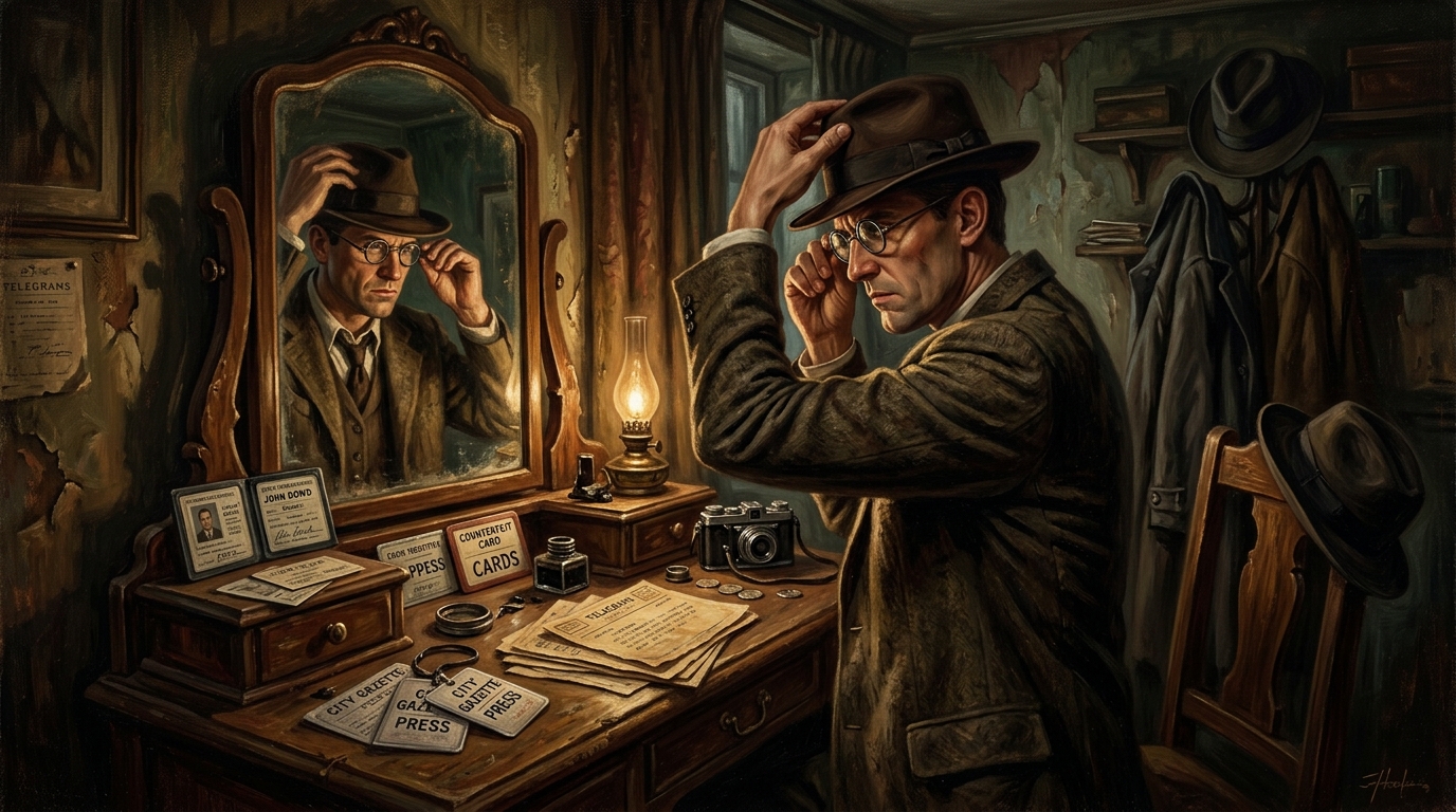 Disguise kit with fedora, spectacles, and fake credentials