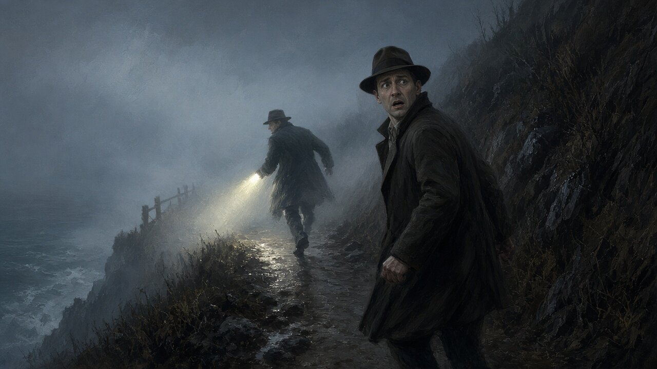 Investigators fleeing through dark foggy street