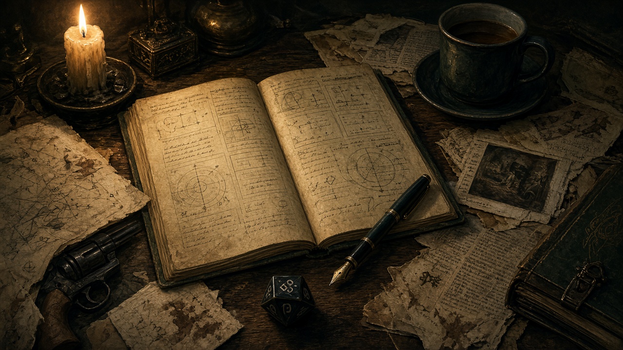 Open notebook with field notes, fountain pen, and dice