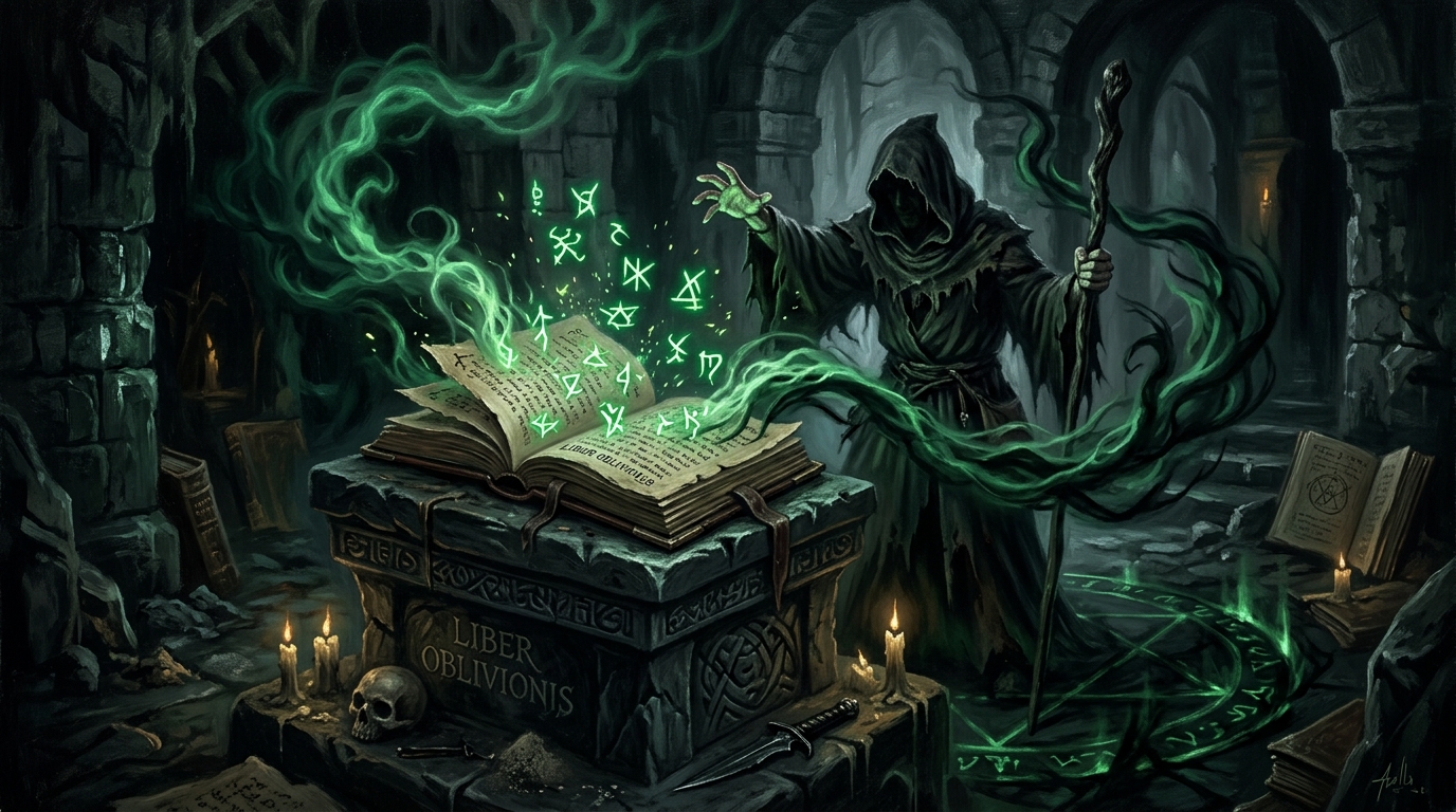 Ancient grimoire with dangerous glowing eldritch runes