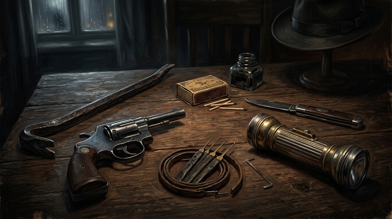 1920s investigator tools, revolver, and flashlight