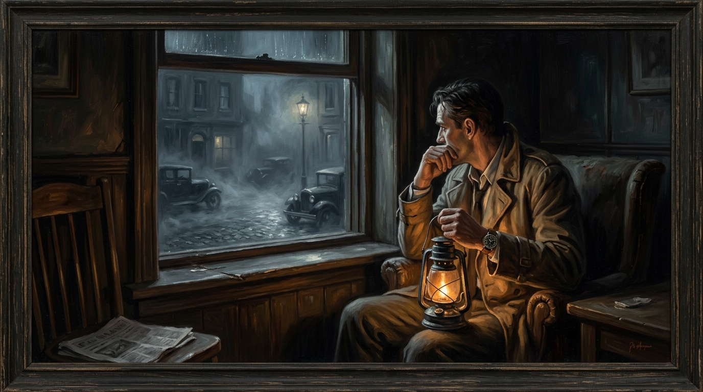Investigator keeping night watch by a rainy window