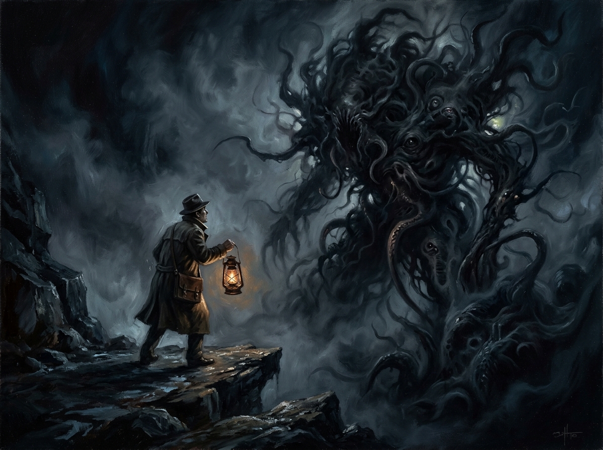 Investigator facing a towering cosmic horror in fog